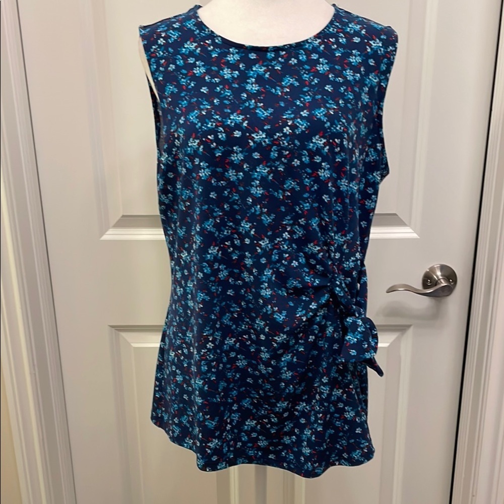 Elle Blue Sleeveless Floral Blouse Front Tie Large